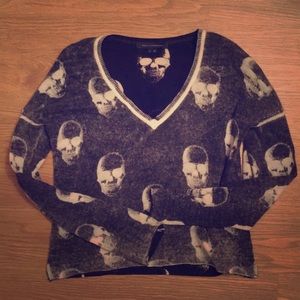 Black and White Skull Cashmere V-Neck Sweater